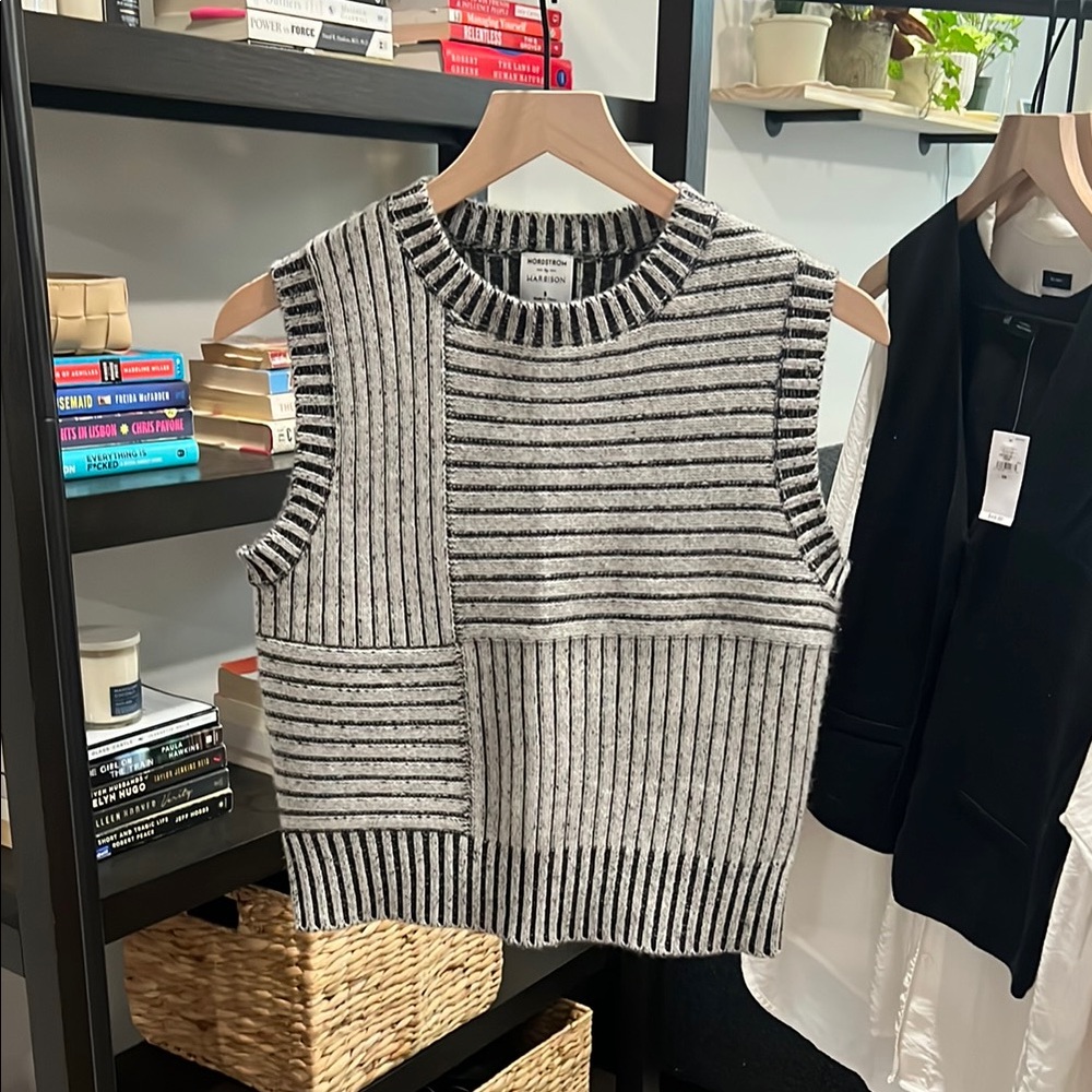 Striped Gray and Black Sleeveless Sweater